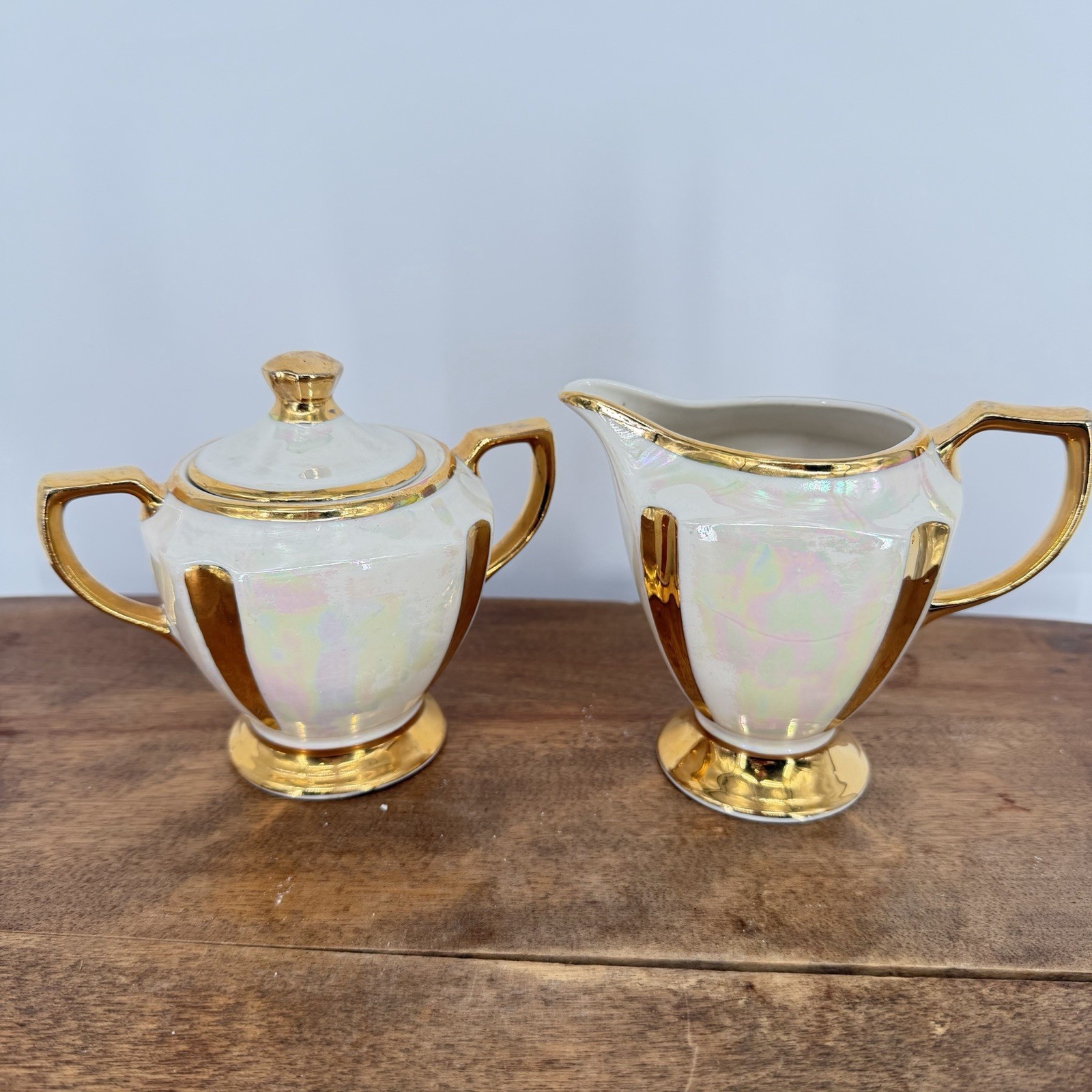 Vtg 50s Pearl Kingwood China 22 Kt. Gold Pearl Lusterware Creamer and Sugar Bowl