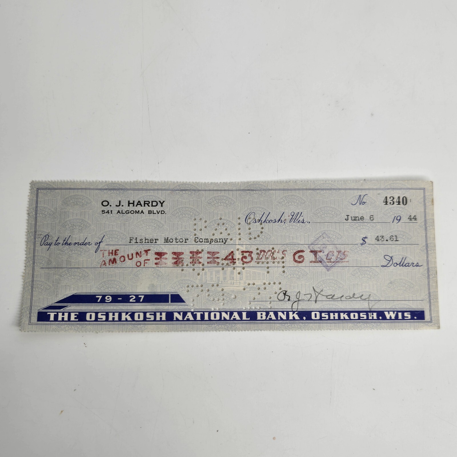Fisher Motor Company Oshkosh WI Canceled Check 1944 Oshkosh National Bank 