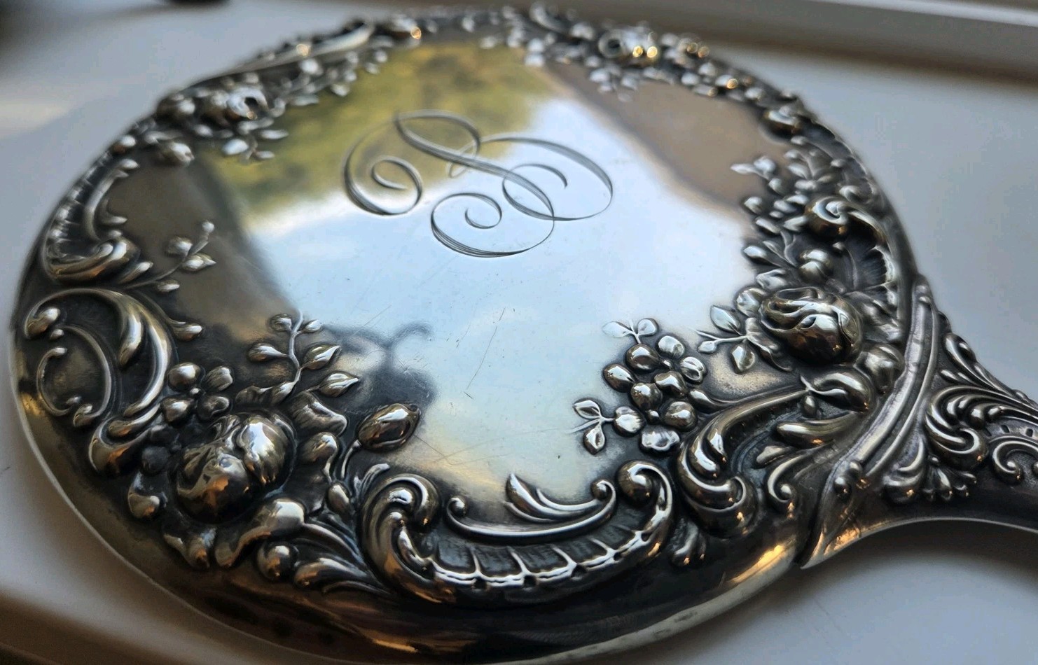 Gorham STERLING Silver Dresden Rose Repousse Hand Mirror STERLING C435 
