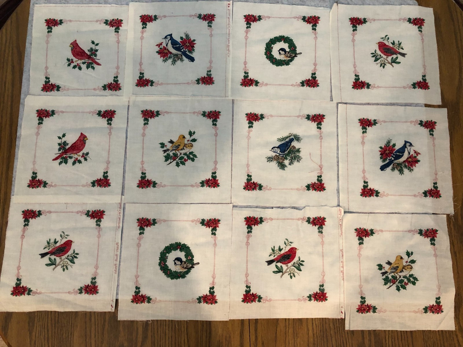 (12)  Vtg Cranston Print Works Birds of Christmas Fabric Squares Quilt Panels