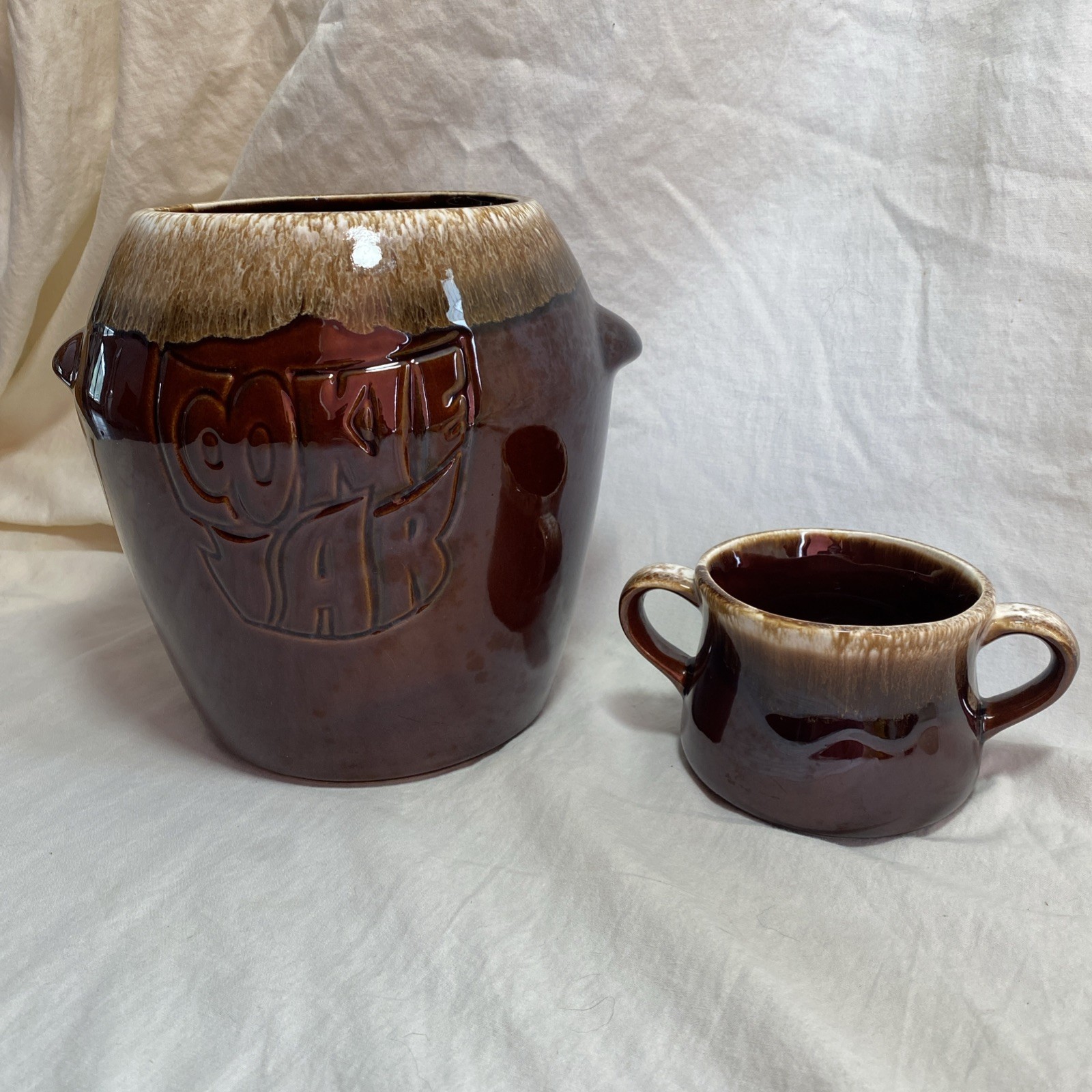 Vtg  McCoy Pottery Brown Drip Glaze Ceramic Cookie Jar 7024 & Double Handle Bowl