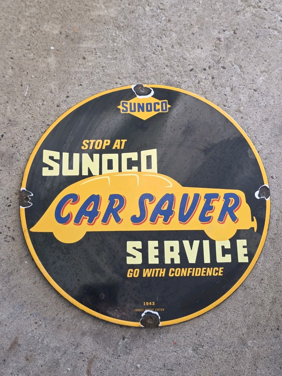 VINTAGE SUNOCO CAR SAVER SERVICE PORCELAIN SIGN 12\
