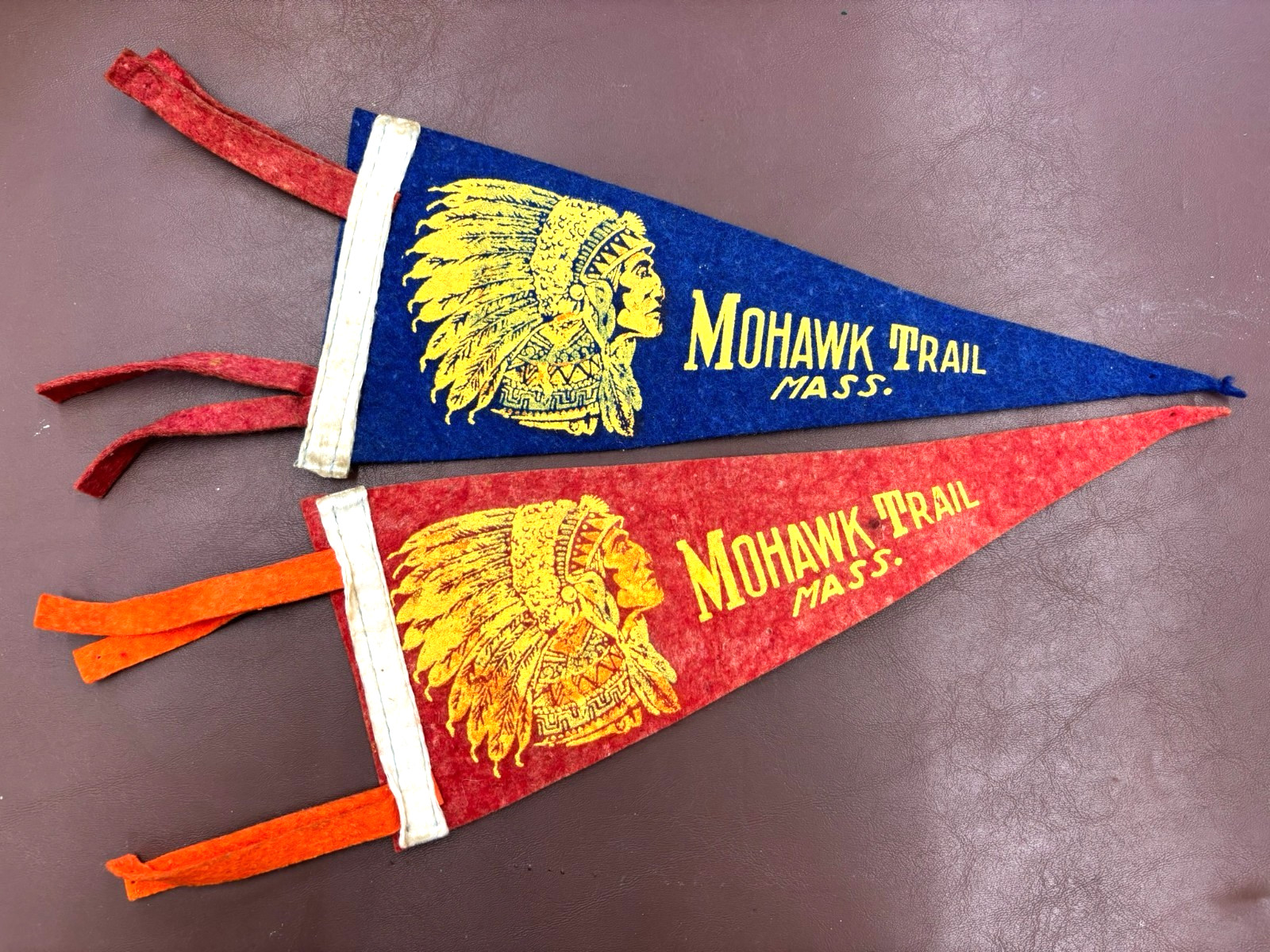 VTG. 1950s MOHAWK TRAIL MASSACHUSETTS PENNANT LOT OF 2 BANNERS 11\