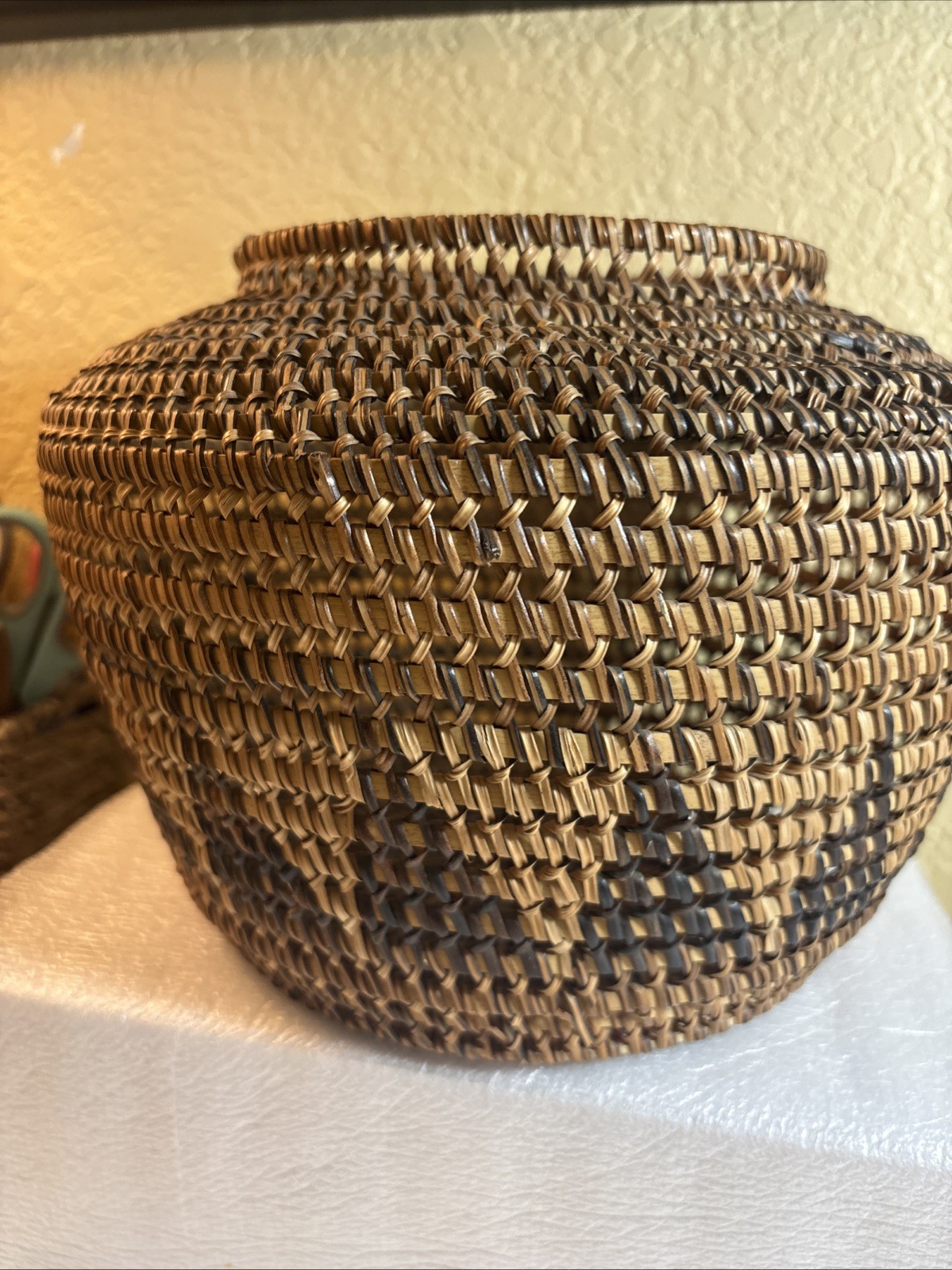 Older Two Tone Vtg Basket  Wired  10” W. Aztec Design. Hand Woven.(ofc