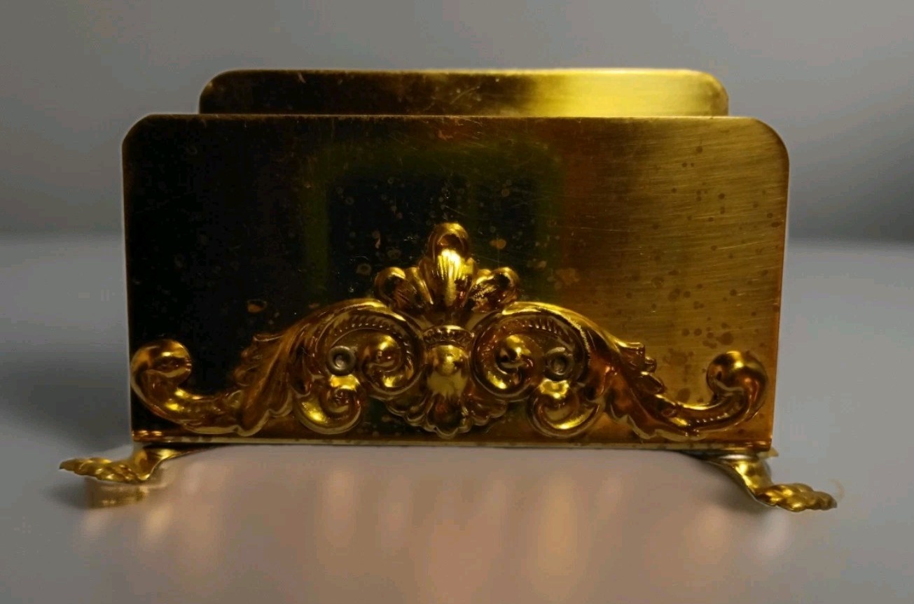 Vintage Patina’d Brass Business Card Holder With Flowers On Front Vintage Patina’d Brass Business Card Holder With Flowers On Front