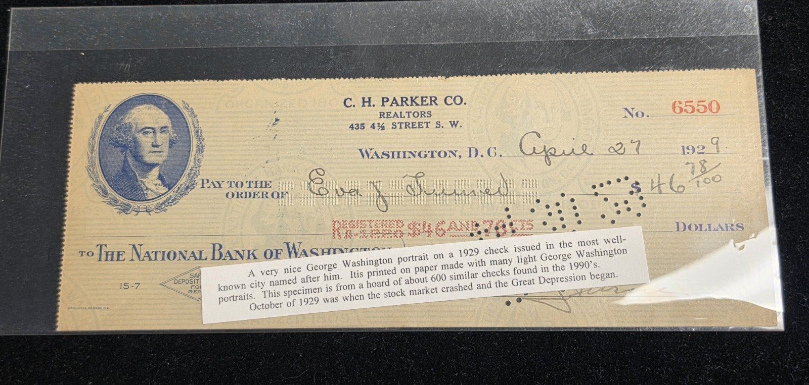 1929 George Washington Portrait Bank Check C.H. Parker Co. Washington DC
