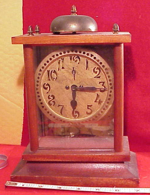 WOOD / GLASS 9 3/8 HT ANTIQUE BOOS REPEATING ALARM CLOCK TOLEDO OHIO TICKS WOOD / GLASS 9 3/8 HT ANTIQUE BOOS REPEATING ALARM CLOCK TOLEDO OHIO TICKS
