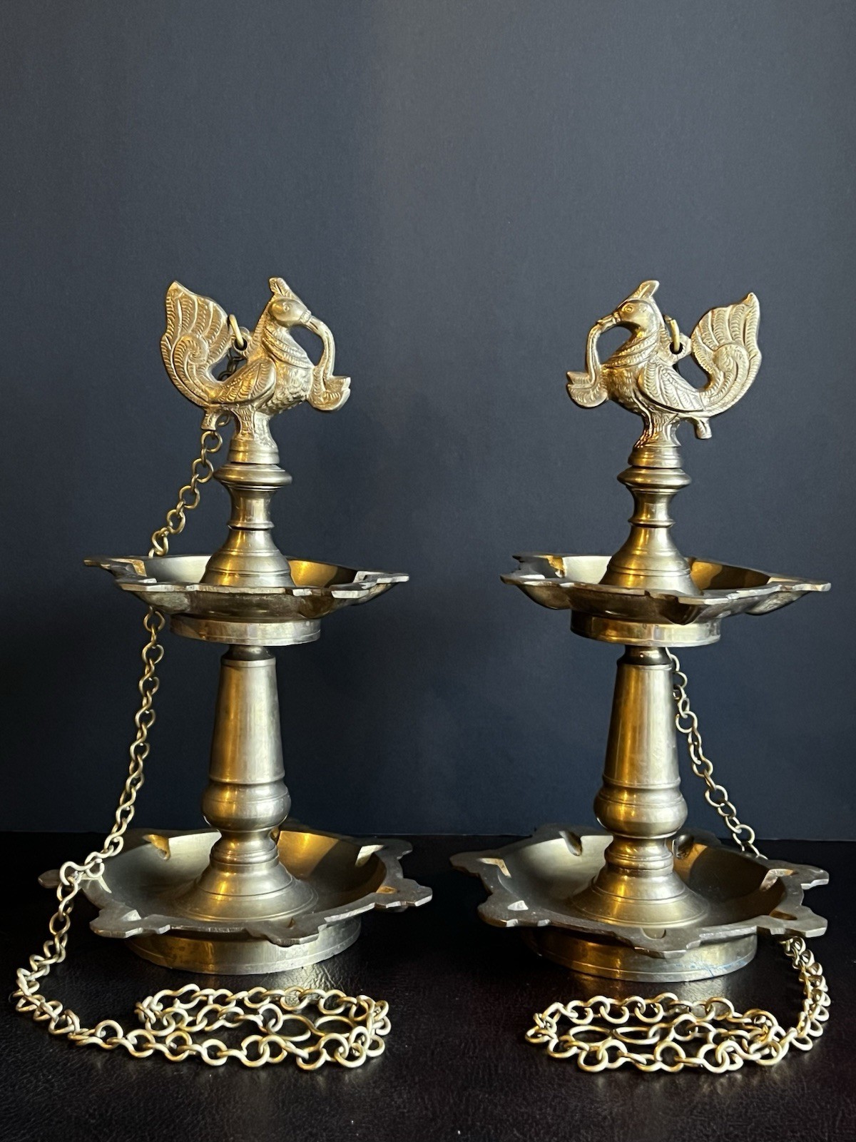 Vintage Pair Of Hanging 2-Tiered Brass Peacock Diyas Diya / Oil Lamp Vintage Pair Of Hanging 2-Tiered Brass Peacock Diyas Diya / Oil Lamp