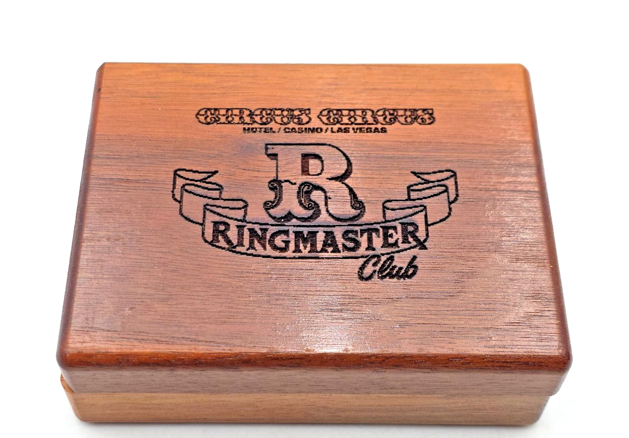 Circus Circus Hotel Casino Blue Playing Cards w/Ringmaster Club Wood Box Vintage