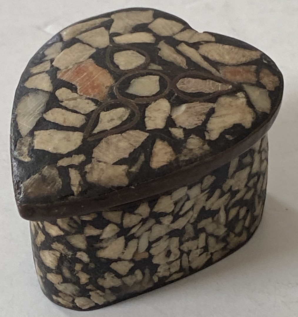Vintage ~ Heart Shaped Mosaic and Brass Trinket Box ~  Multicolor Pattern