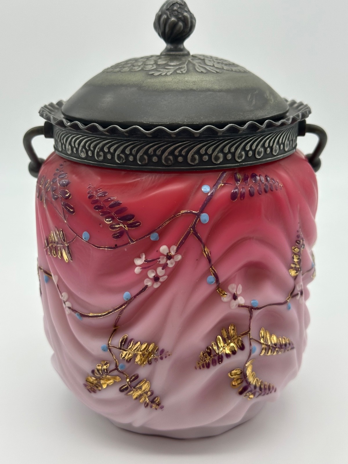 Mt Washington Royal Flemish Biscuit Jar Pink Satin Glass Enameled 1894 Mt Washington Royal Flemish Biscuit Jar Pink Satin Glass Enameled 1894