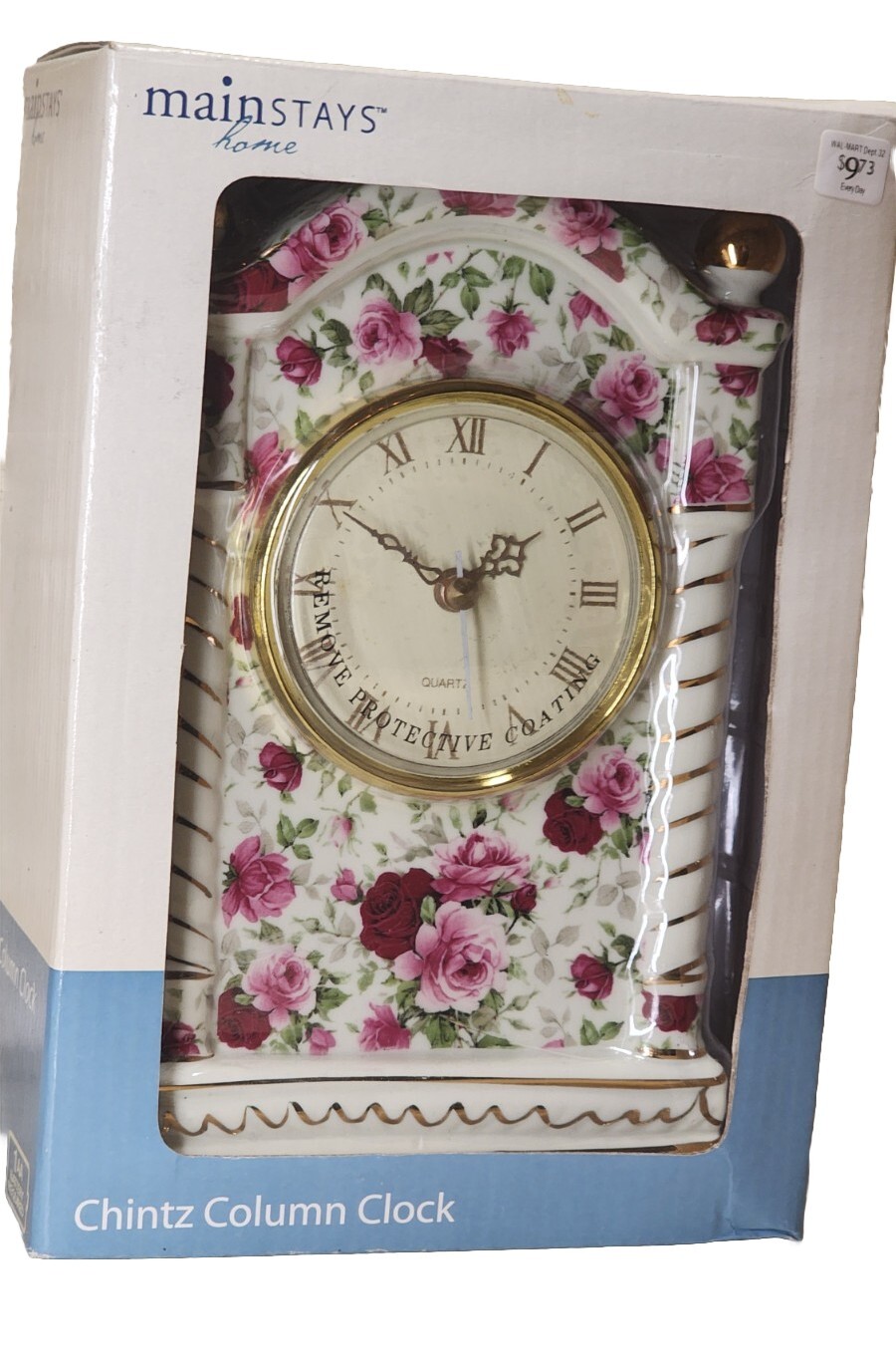 VTG MAINSTAYS Home - Chintz Column Clock - Porcelain/ Gold Accents NEW w TAG