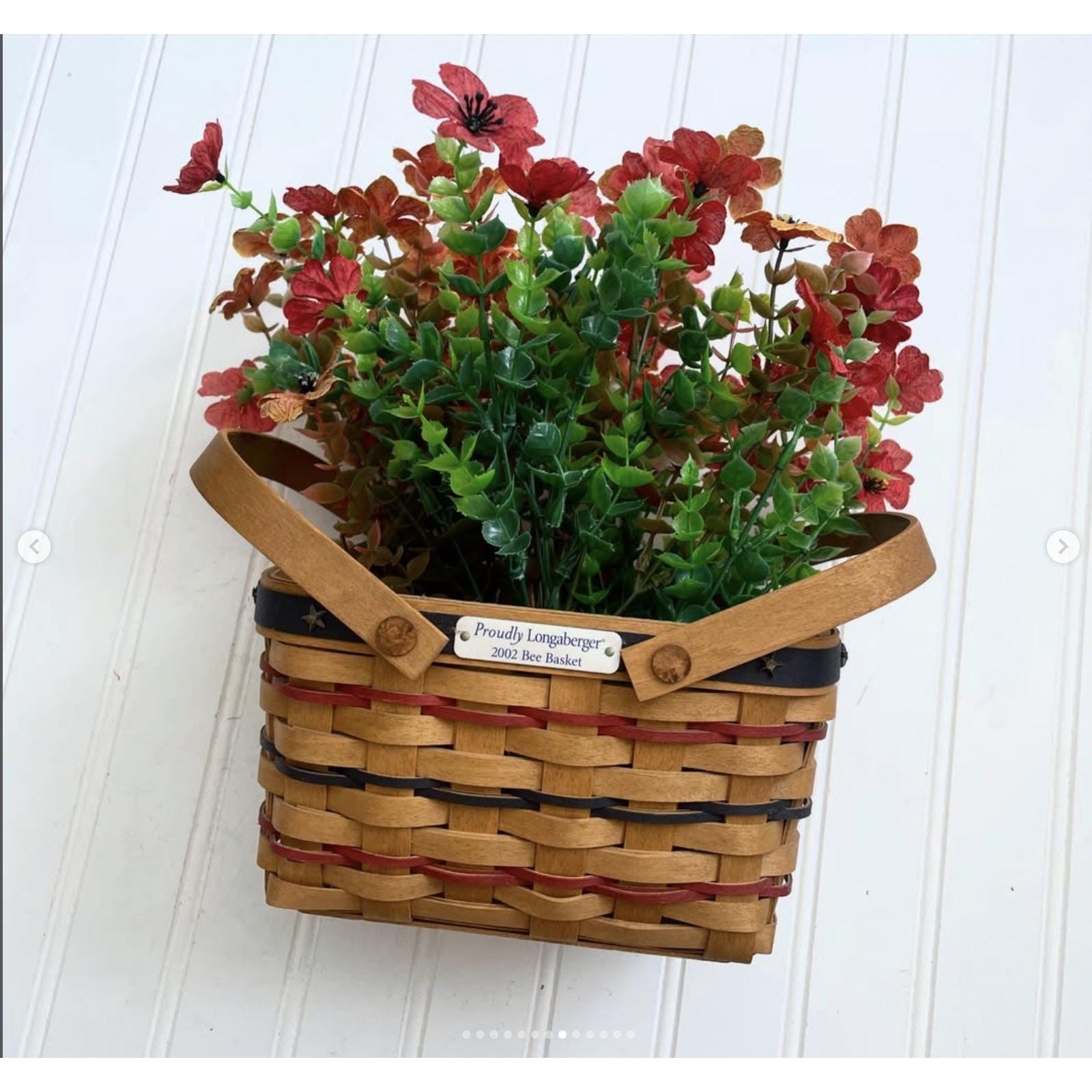Vintage 2002 Longaberger USA Handwoven Bee Basket Swing Handles Insert Signed