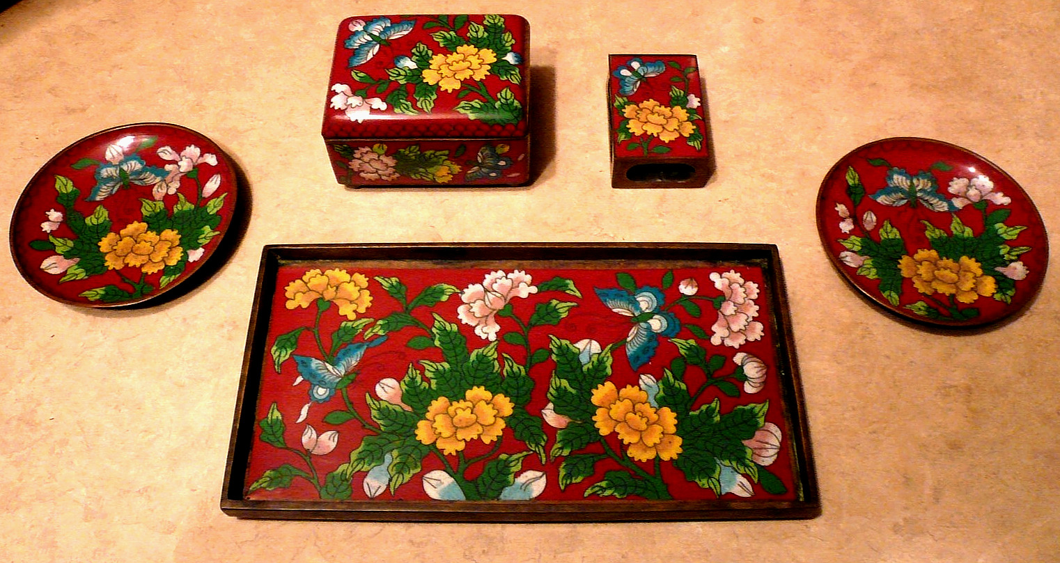 Fine Antique Chinese FIVE PIECE CLOISONNE SMOKING SET 8 Fine Antique Chinese FIVE PIECE CLOISONNE SMOKING SET 8