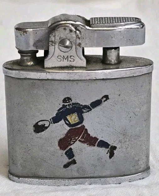 Vintage SMS Football Player Engraved Into Case Red And Blue Enamel 1.75 Lighter