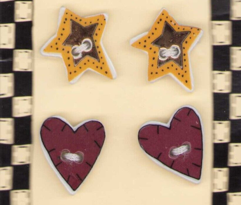 Lot of 4 Vintage Ceramic Buttons Original card Hearts Stars Red Yellow Black Lot of 4 Vintage Ceramic Buttons Original card Hearts Stars Red Yellow Black