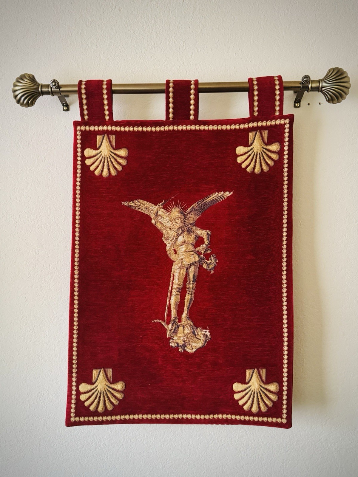 Archangel Saint Michael Banner | French Textile Wall Tapestry | Shell Finial