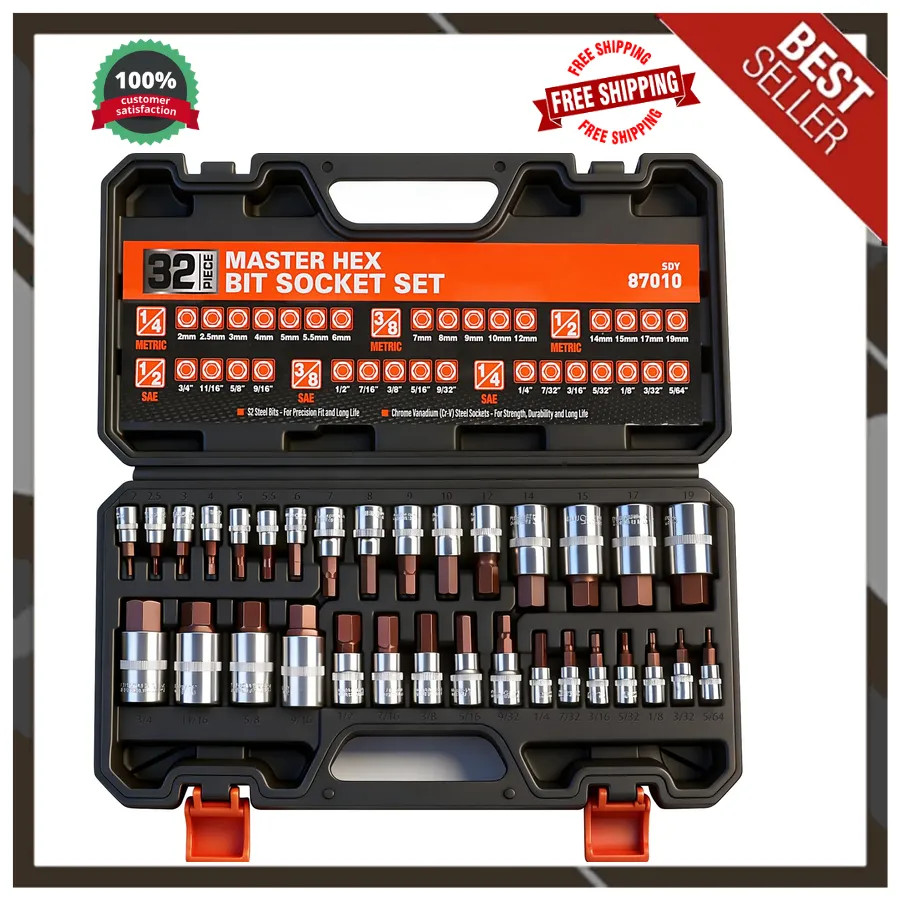 32-Piece Hex Bit Socket Set SAE & Metric S2 Steel 1/4 3/8 1/2 Drive Tool Kit 32-Piece Hex Bit Socket Set SAE & Metric S2 Steel 1/4 3/8 1/2 Drive Tool Kit