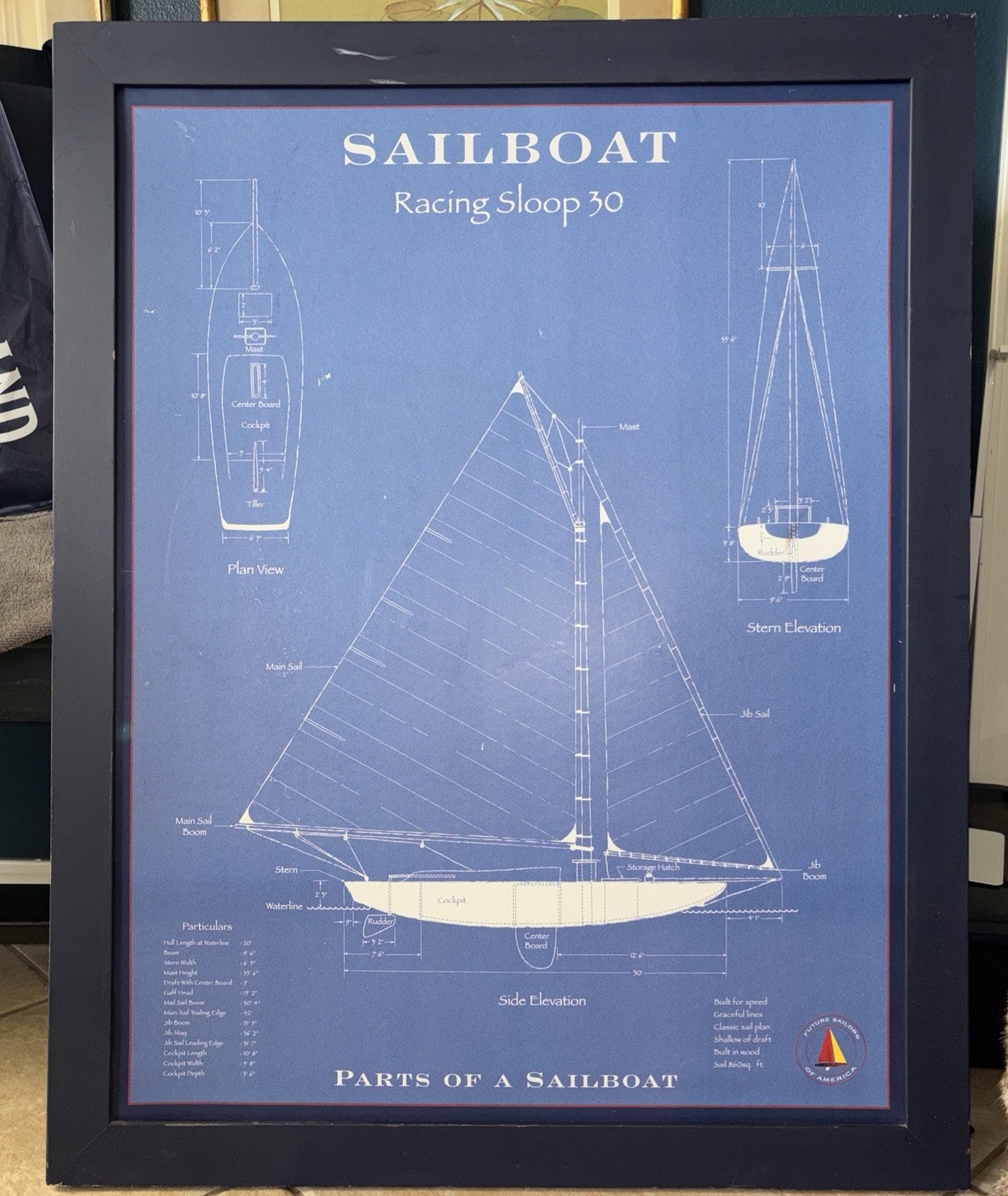 VTG FUTURE SAILORS OF AMERICA Framed Sailboat Blueprint Racing Sloop 30 VTG FUTURE SAILORS OF AMERICA Framed Sailboat Blueprint Racing Sloop 30