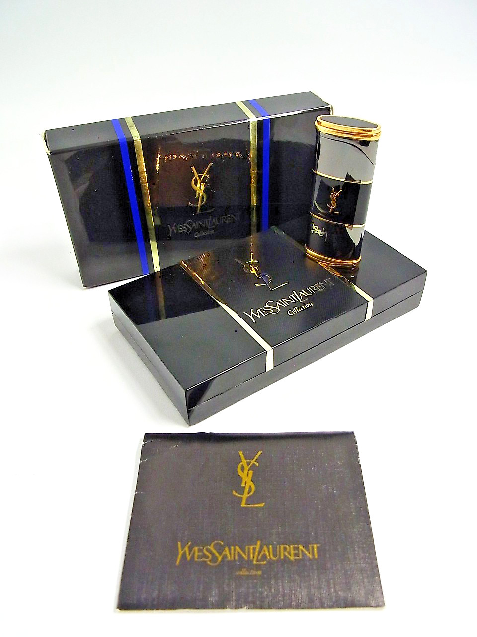 Working Yves Saint Laurent YSL Logo Gas Lighter Gray Black Gold with Box