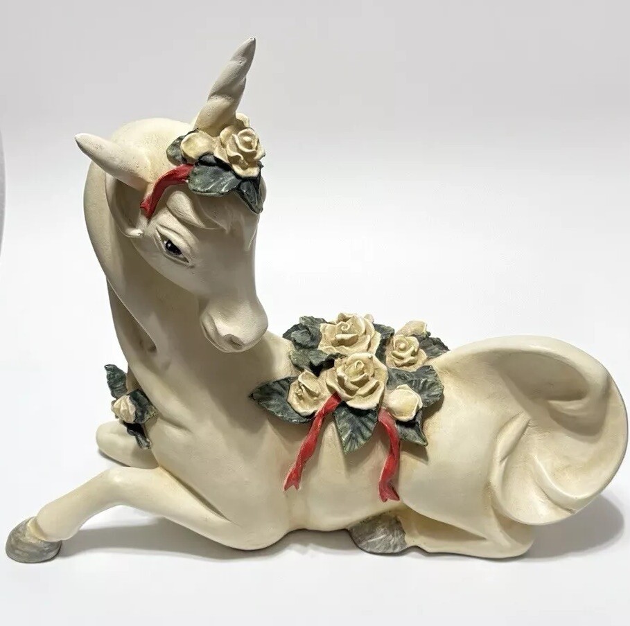 Unicorn Rare Vintage Silvestri Large 13x15 Applied White Roses Magical Horse