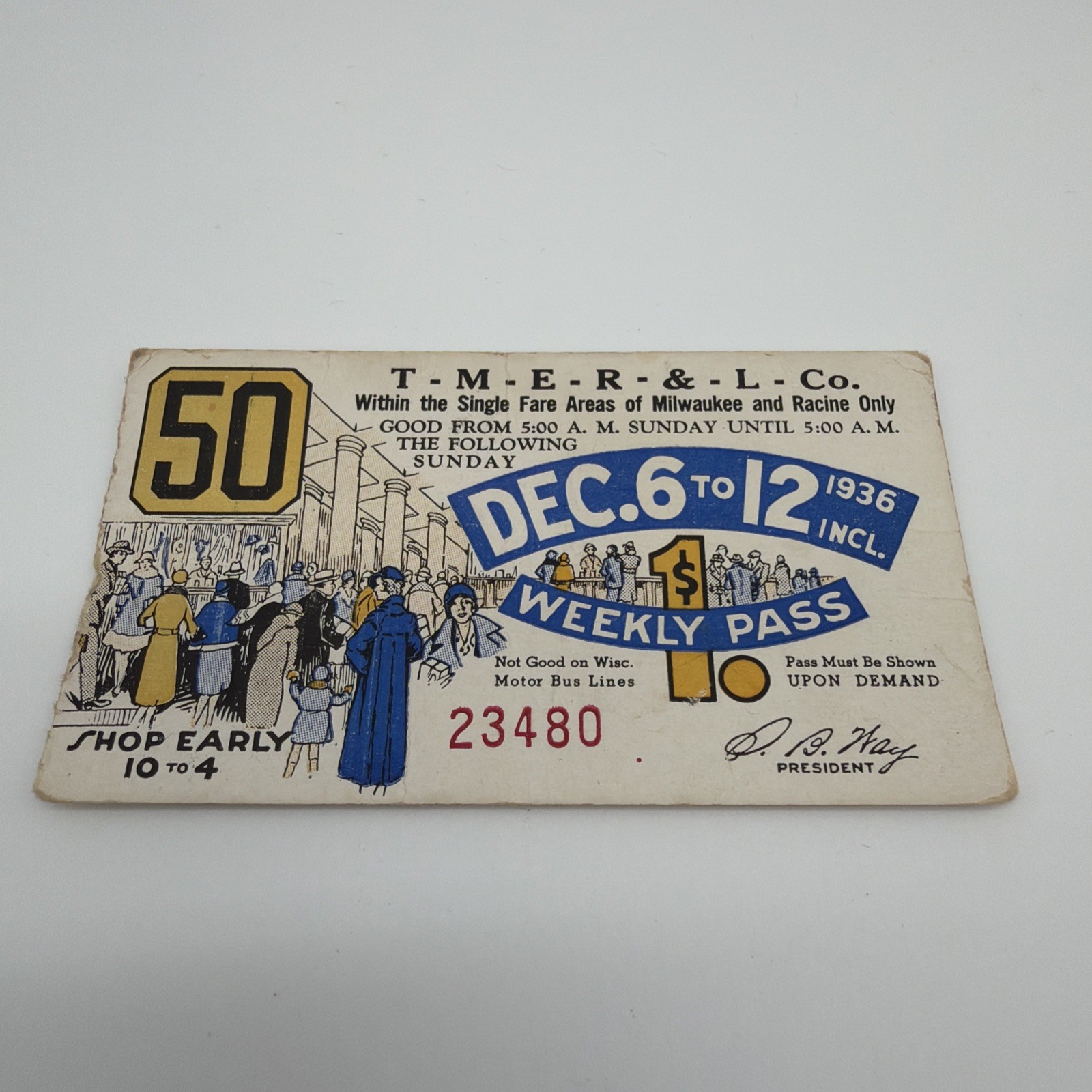 Vintage Milwaukee Electric Railway Weekly Pass Dec. 6-12 1936 Paper Ephemera