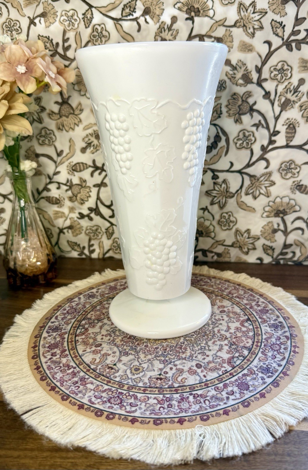 Vintage Indiana Glass Colony Harvest Grape Milk Glass Footed Vase 7.75” White