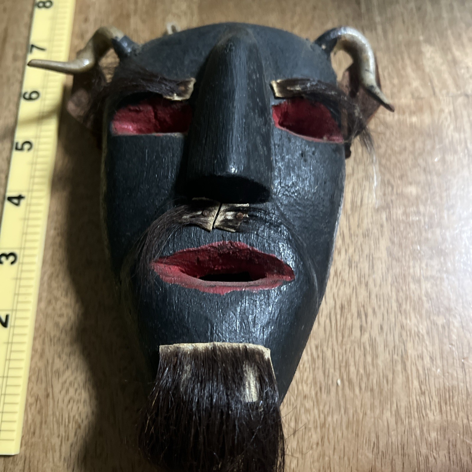 Mexican Hand Carved Wood Diablo Devil Mask with Horns Authentic Vintage Folk Art