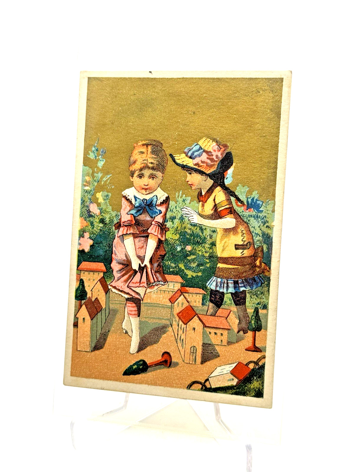 Antique 1880s Victorian Chromolithograph Trade Card Girls Playing in Toy Town