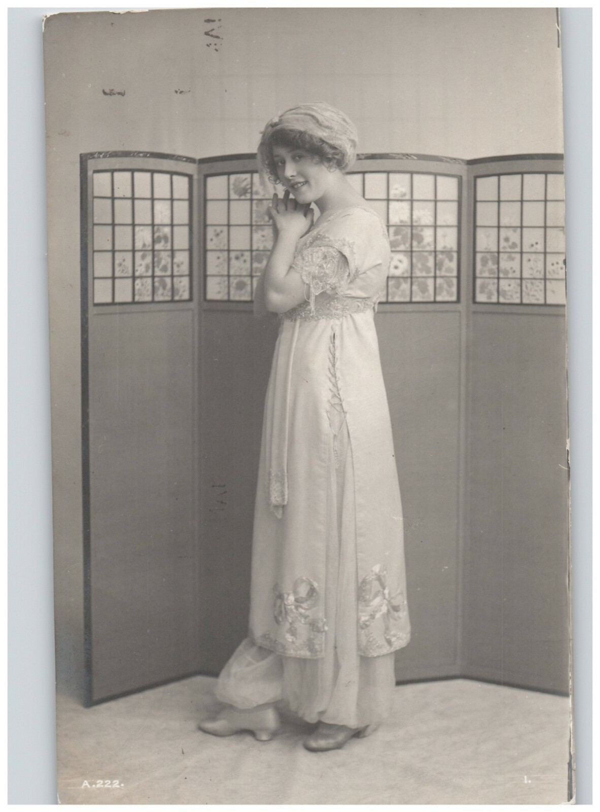 Woman in Long Dress in Front of Room Divider Screen Studio RPPC Sepia 1912