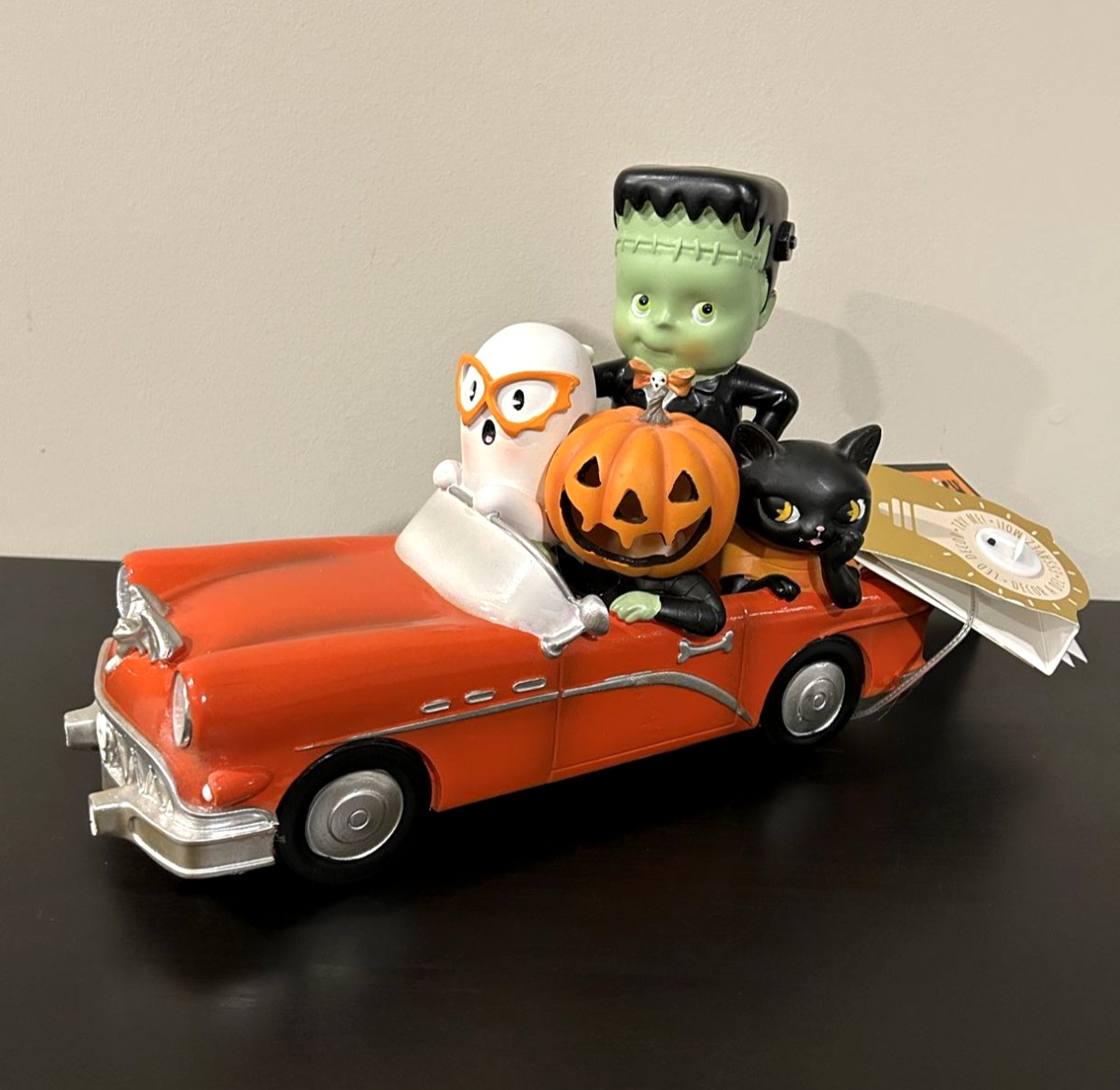 Ghoulish Lighted Halloween Red Car Figurine Frankenstein Ghost Pumpkin Cat New