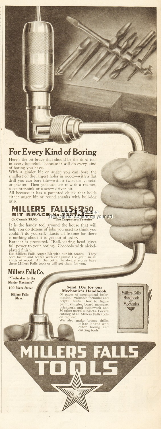 1919 Millers Falls Bit Brace No 732 Massachusetts Vintage Tool Ad Woodworking
