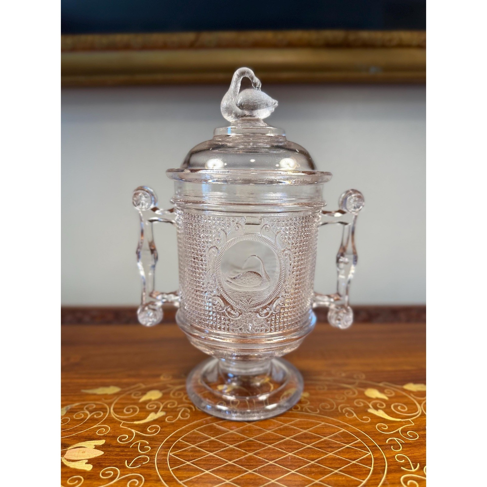 Antique EAPG Swan Covered Biscuit Jar • Brilliant Glass Swan with Mesh c.1882