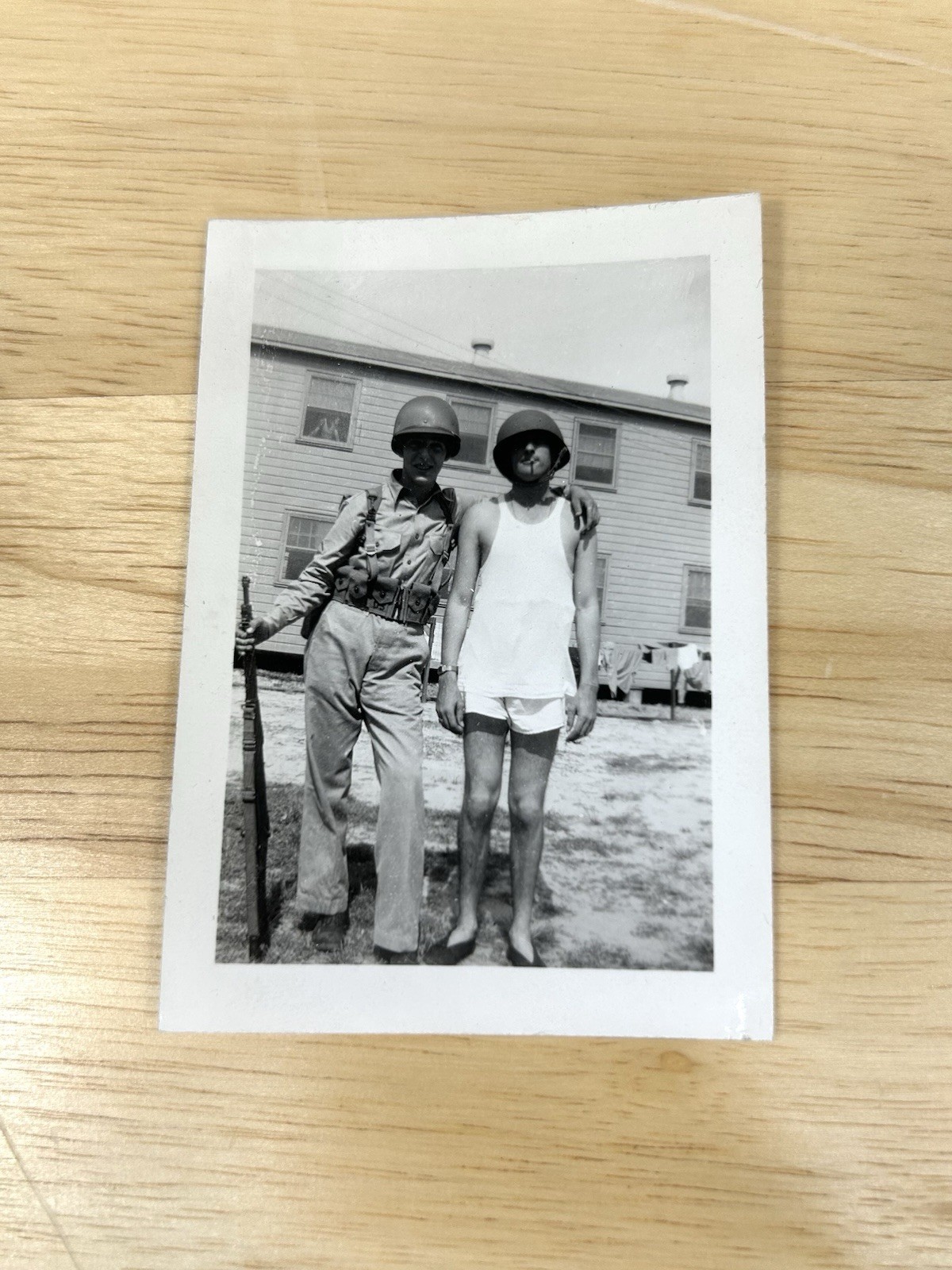 Vintage WWII Soldiers Photo Print US Army Uniform & Helmet Barracks Snapshot