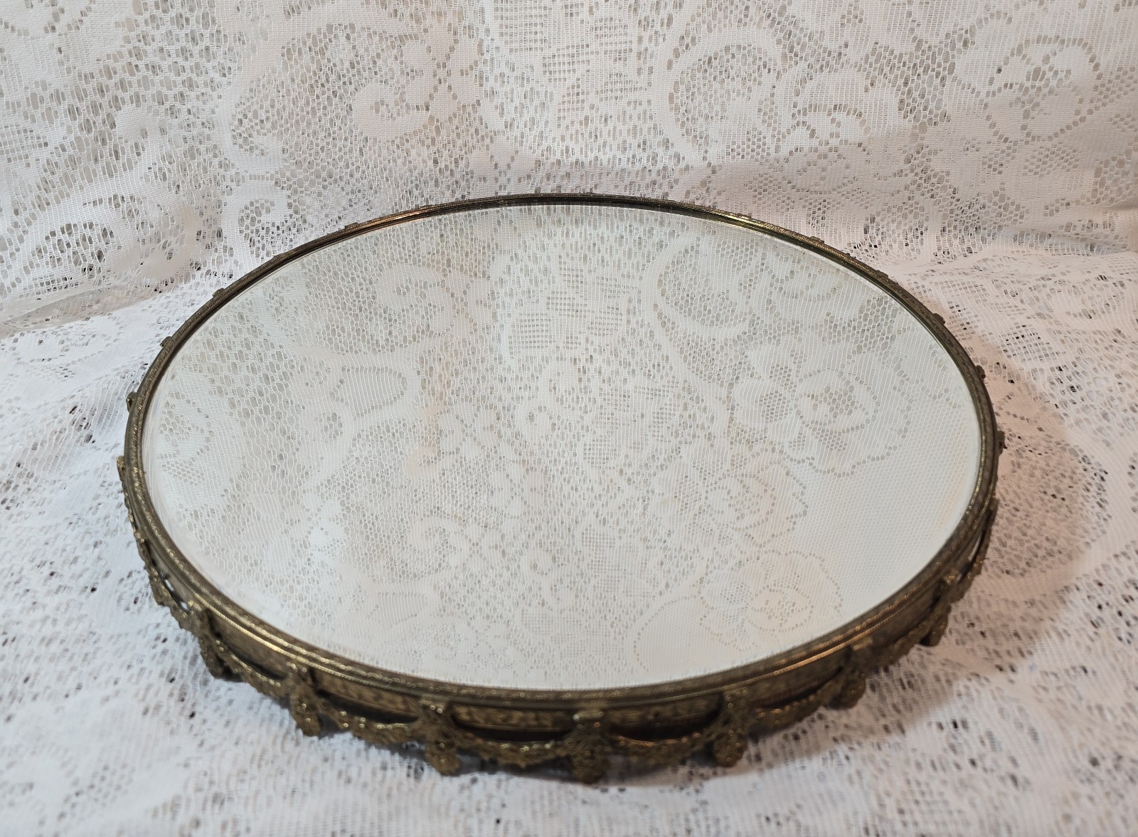 Vintage Beveled Mirror Vanity Tray /  Ornate Brass Swag Footed / 14.5\