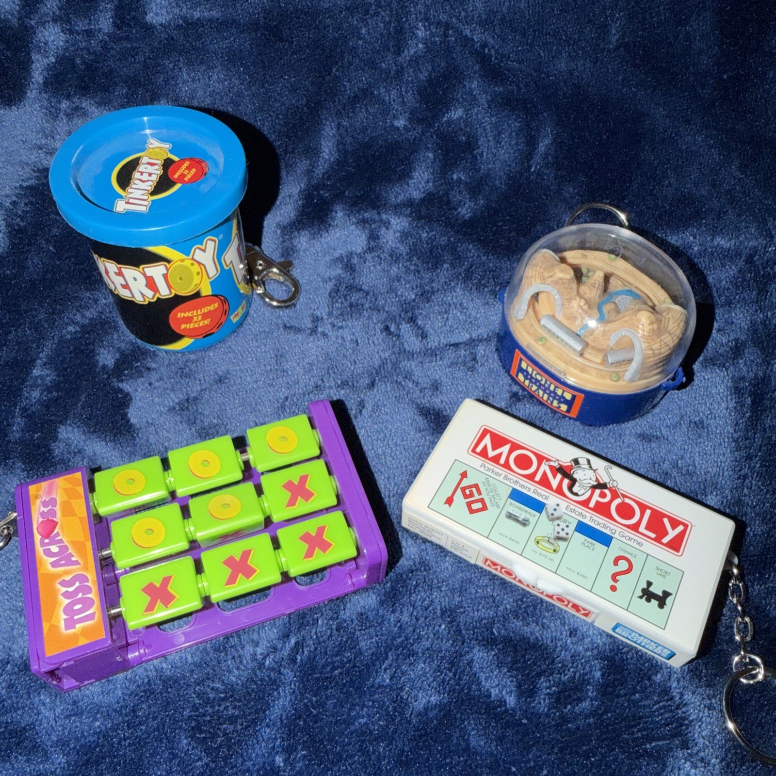 Lot 4 VTG Basic Fun Miniature Game Toy Keychains Hasbro 90s Monopoly Tinker toys