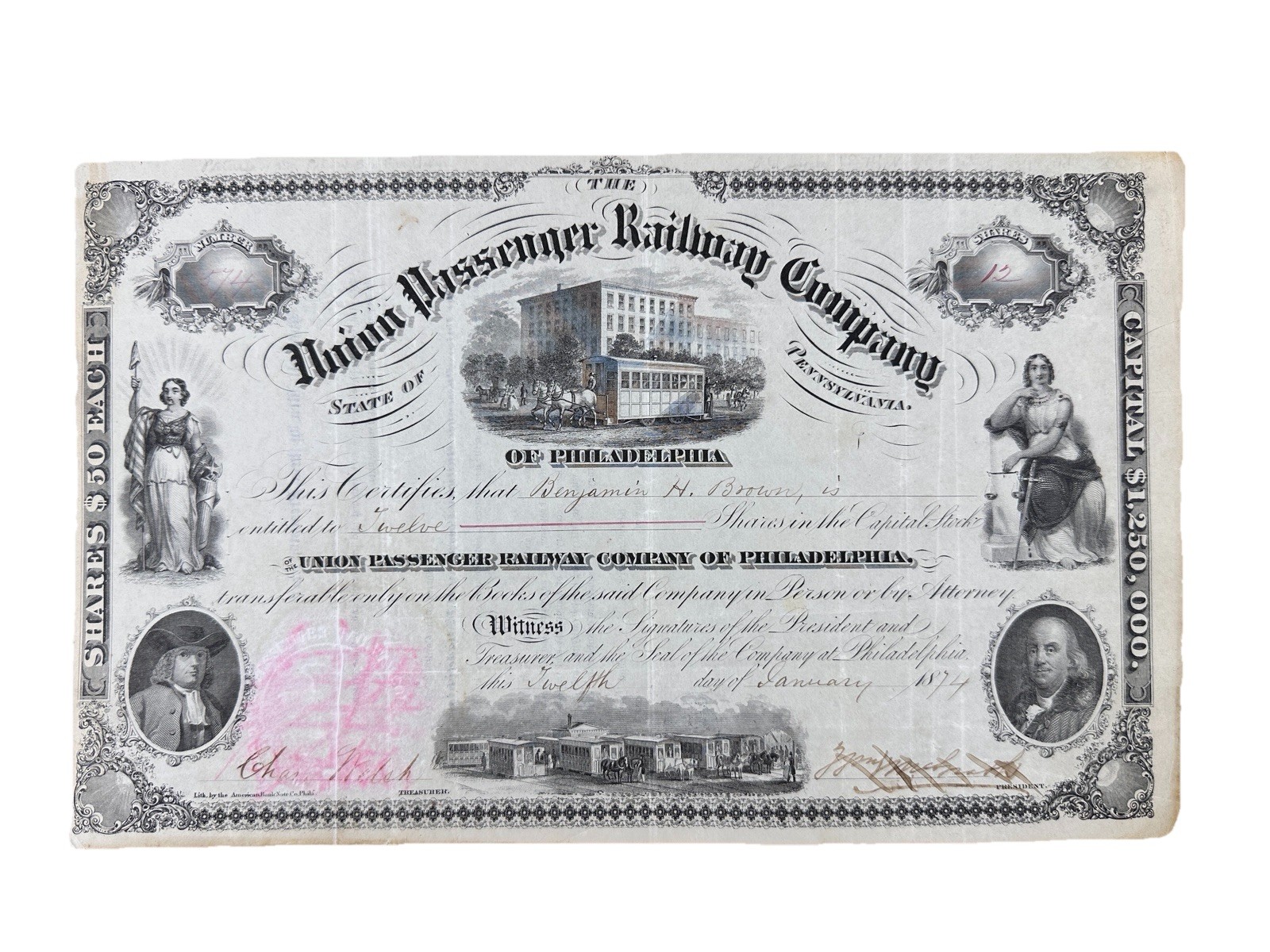 1874 Union Passenger Railway Company of Pennsylvania Capital Stock Certificate