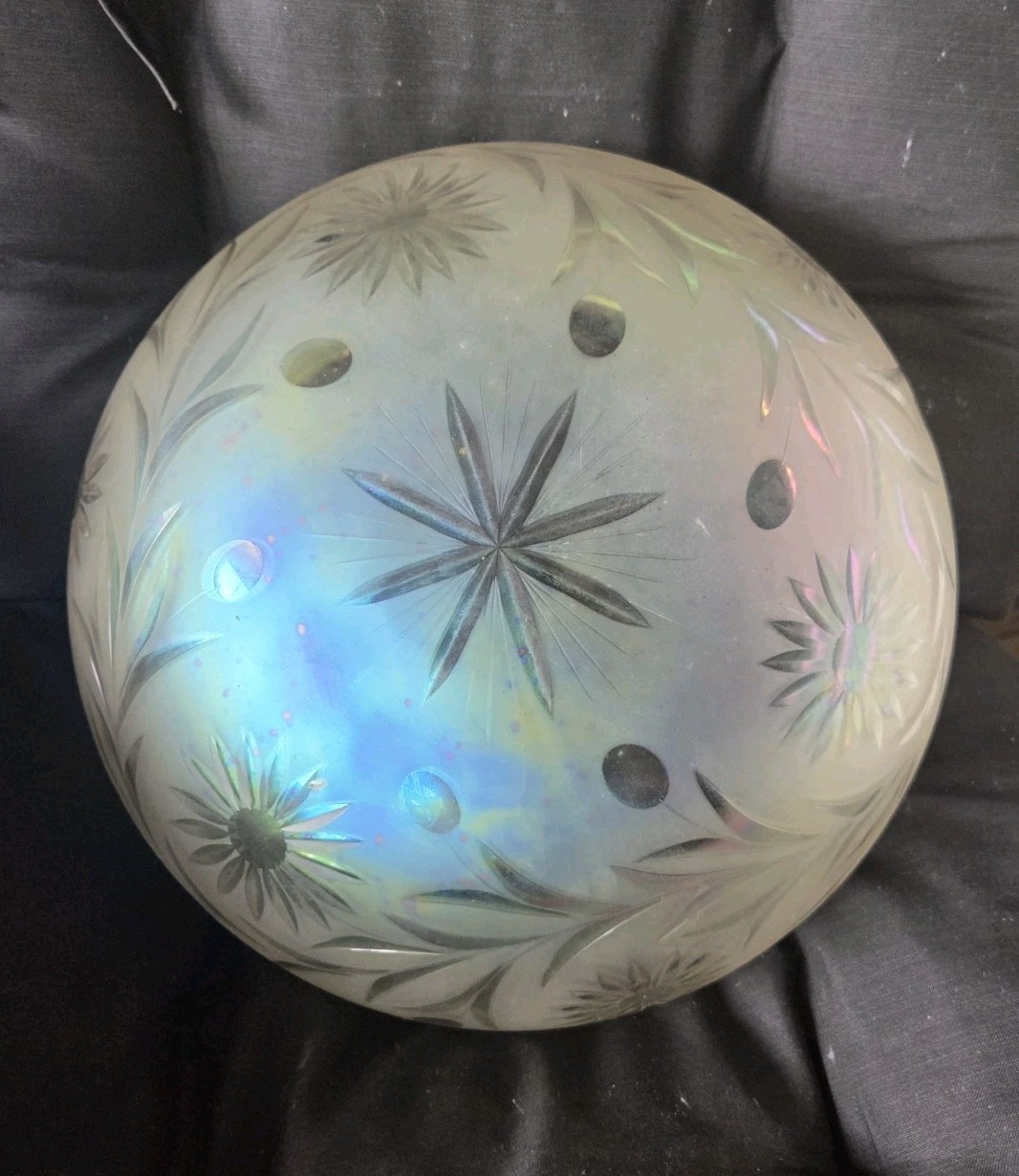 Antique Acid Etched Iridescent Cut Glass Dome Bowl Shade 10 Inches Fitter Rim