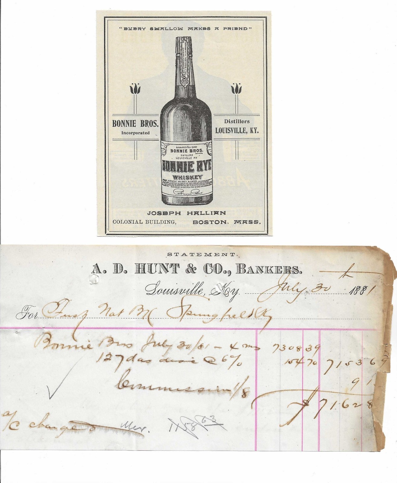 1881/1909 Bonnie Bros. Whiskey - Louisville KY - Banker Note + Ad