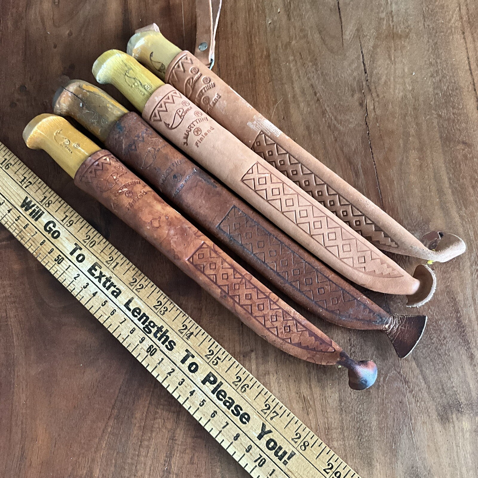 4  J Martini Finland Rapala Fishing Filet Knifes Signed Blade w/Leather Sheaths