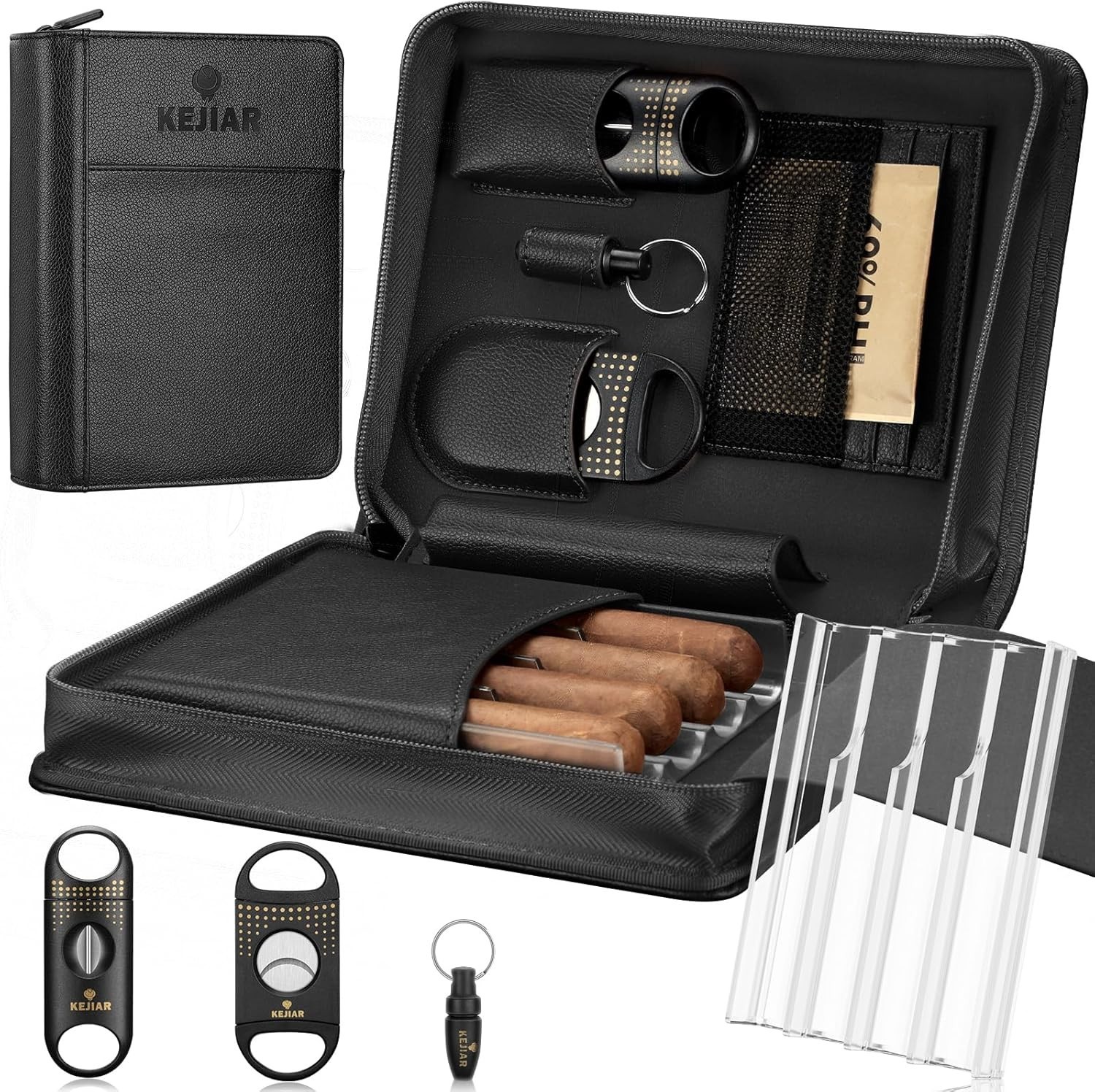 Portable Leather Cigar Humidor Case with Accessories Gift Set (Black)