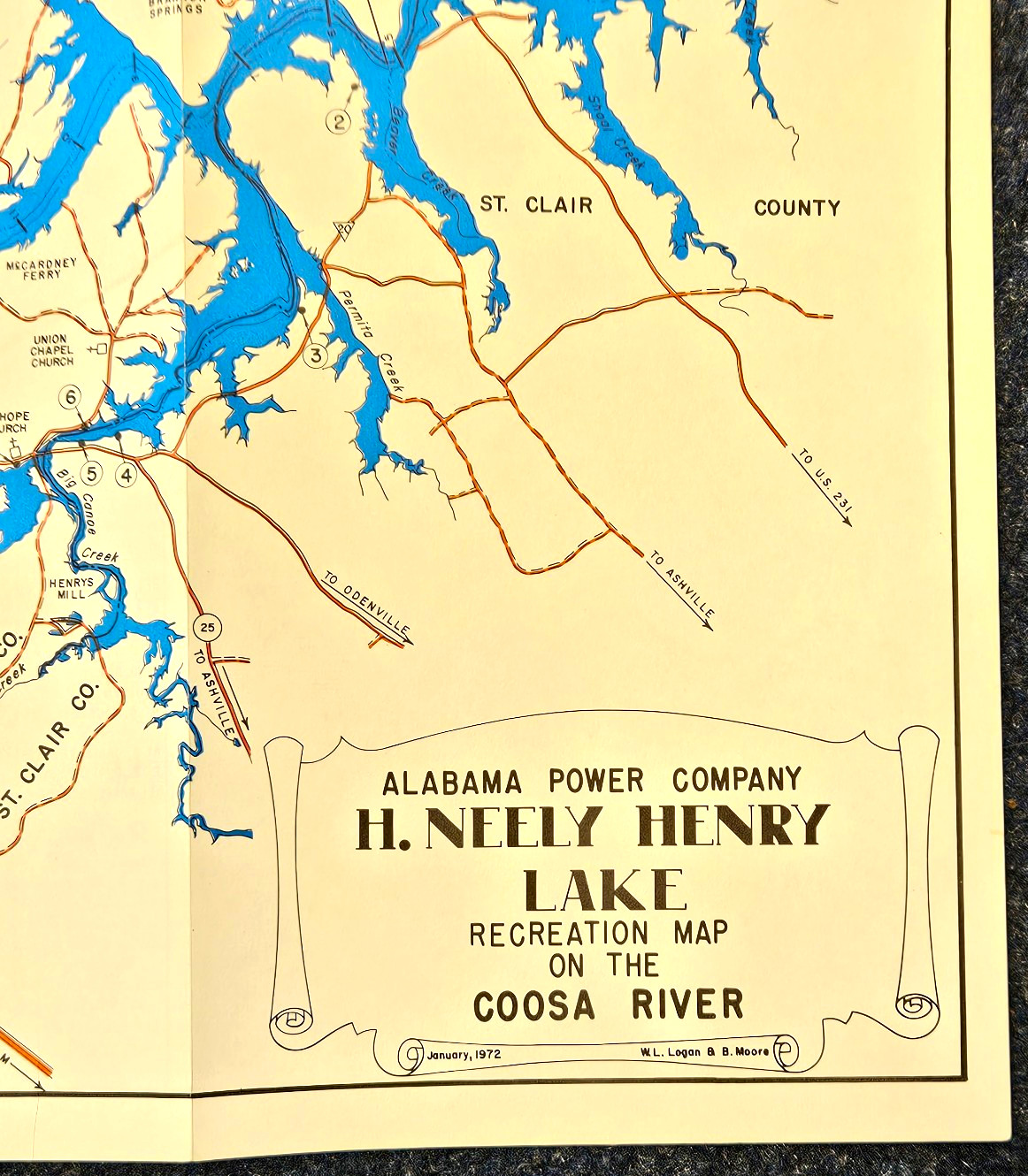 Alabama Power Company Neely Henry Lake Recreation Map, Coosa River, 1972, vtg