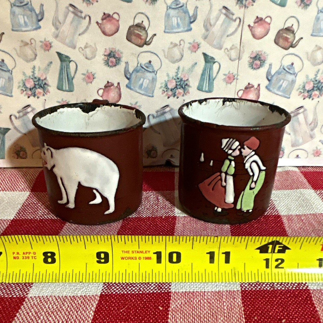 Two antique children’s Brown & White Enamelware Metal Mugs 8 oz Painted scenes