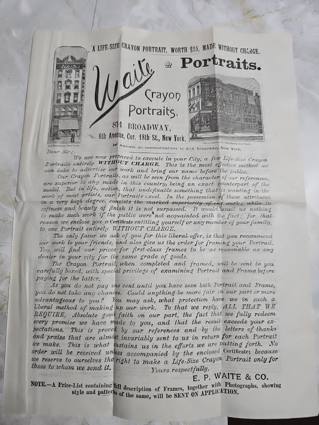 c.1885 E.P. Waite Crayon Portraits Advertising Circular New York Victorian