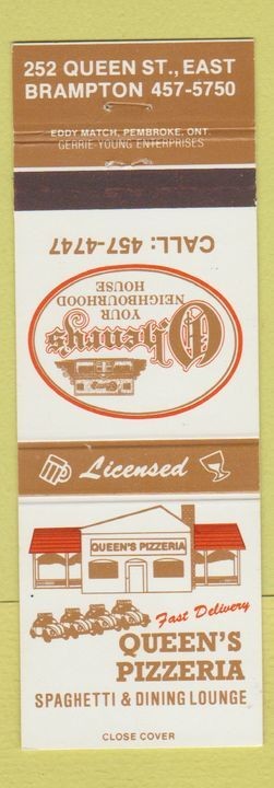 Matchbook Cover - Queen's Pizzeria Pizza O'Henry's Brampton ON