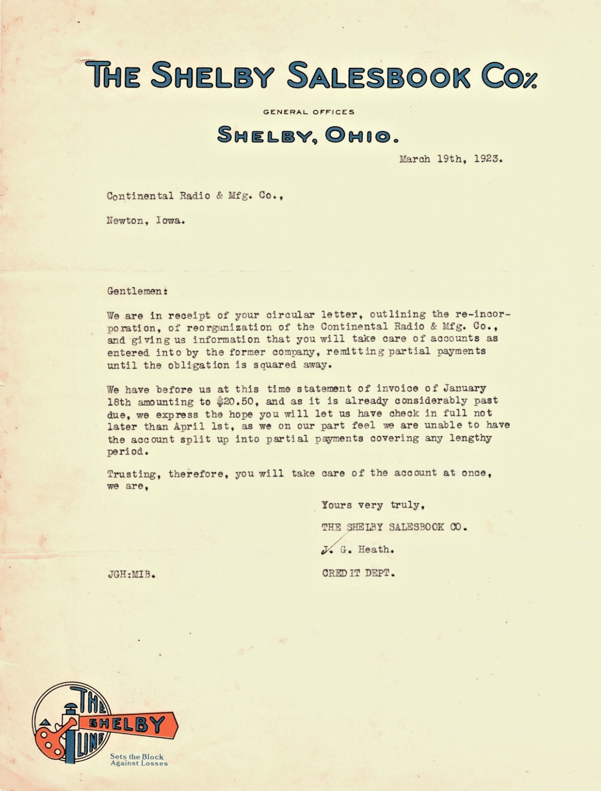 1923 The Shelby Salesbook Company Letterhead Shelby Ohio