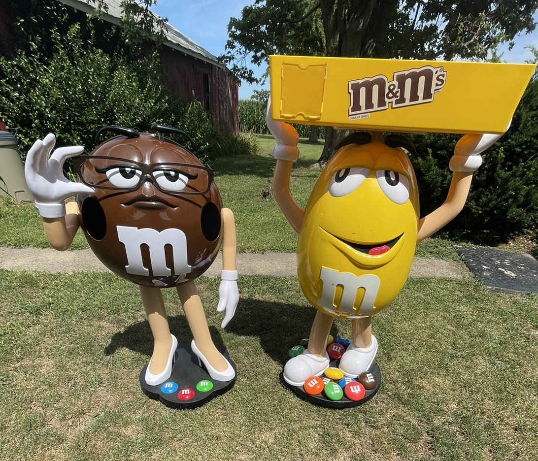 Collectable M&M\'s Character Candy Displays Brown & Yellow On Wheels Lot Of 2