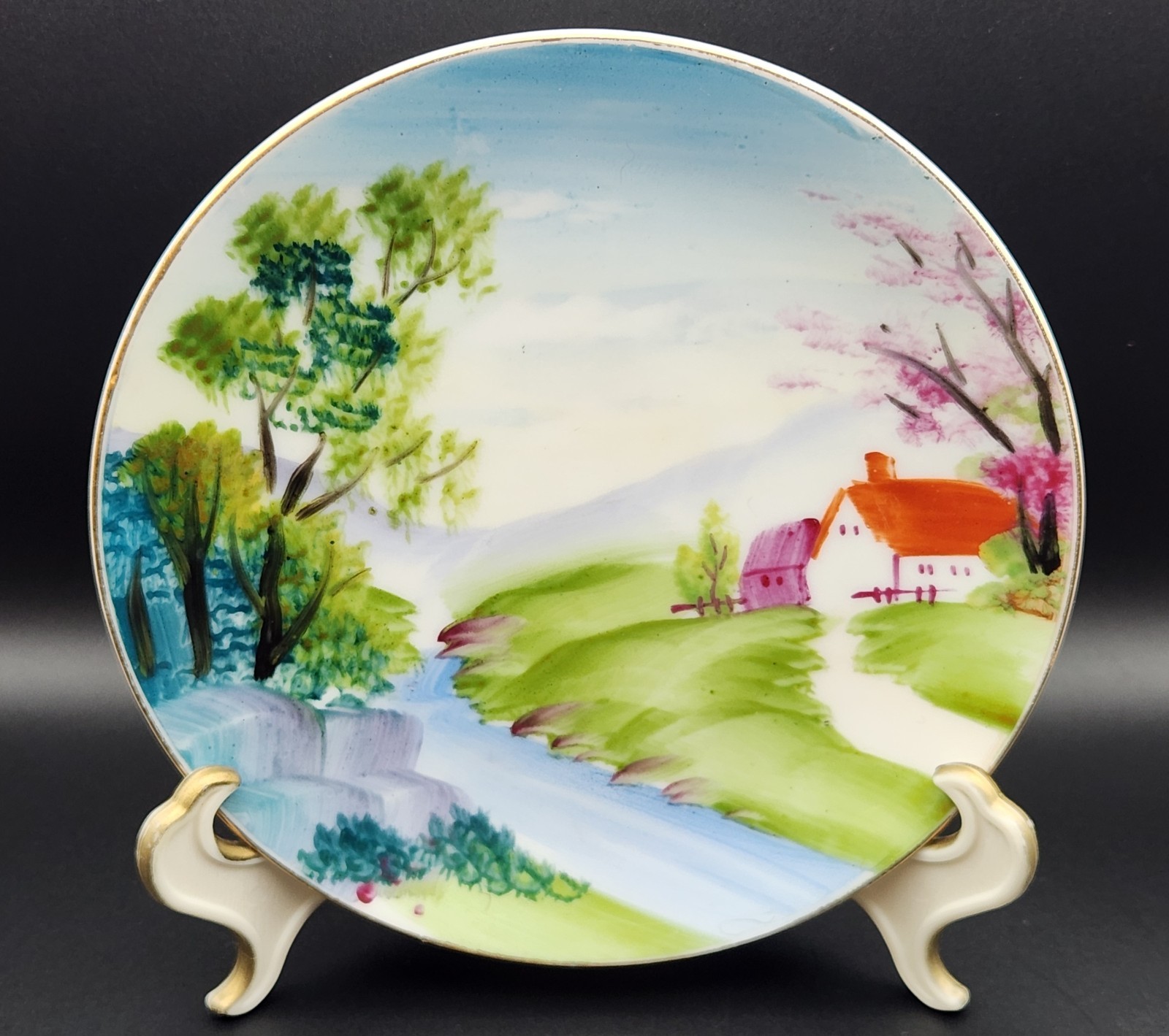 Vintage Hand Painted Japanese Porcelain Plate - Countryside Scene