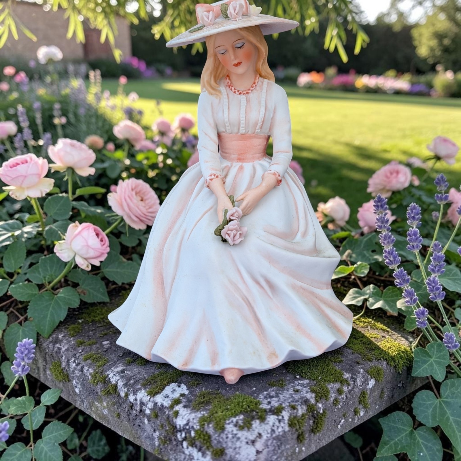 Vintage Enesco Imports Corp Porcelain Figurine Girl in Hat Sitting w/ Pink Roses Vintage Enesco Imports Corp Porcelain Figurine Girl in Hat Sitting w/ Pink Roses