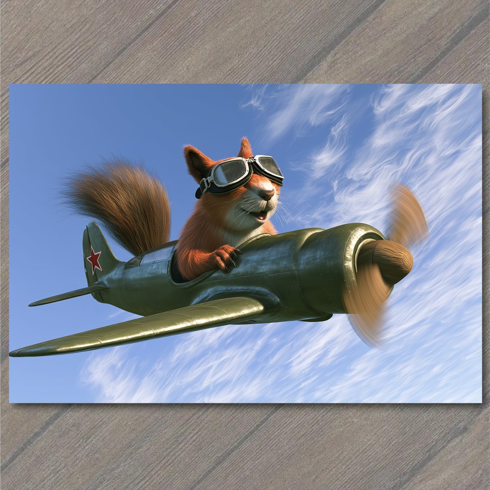 POSTCARD Squirrel Pilot Goggles Flying Propeller Plane Blue Sky Whimsical Humor